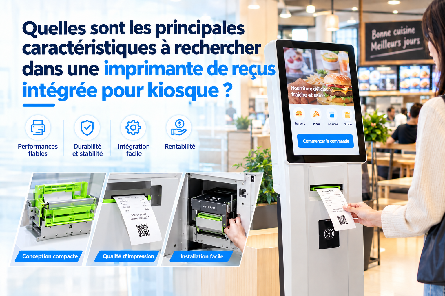 Quelles sont les principales caractéristiques à rechercher dans une imprimante de reçus intégrée pour kiosque ?